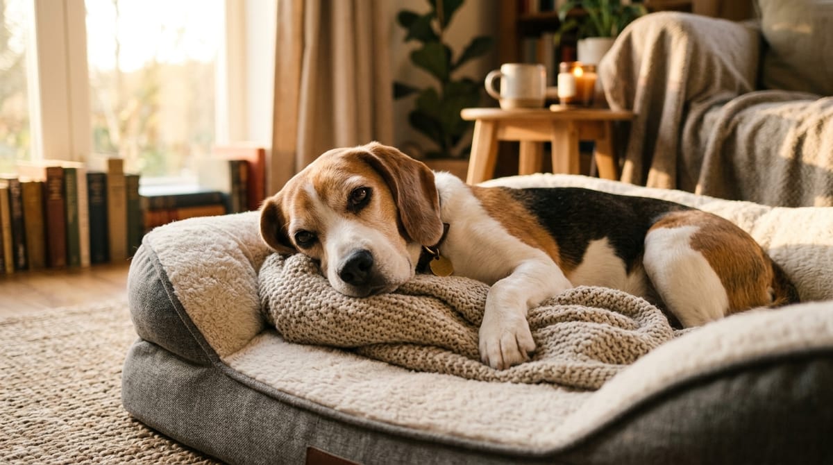 Cachorro de pelagem tricolor deitado com a cabeça apoiada na borda de sua cama.