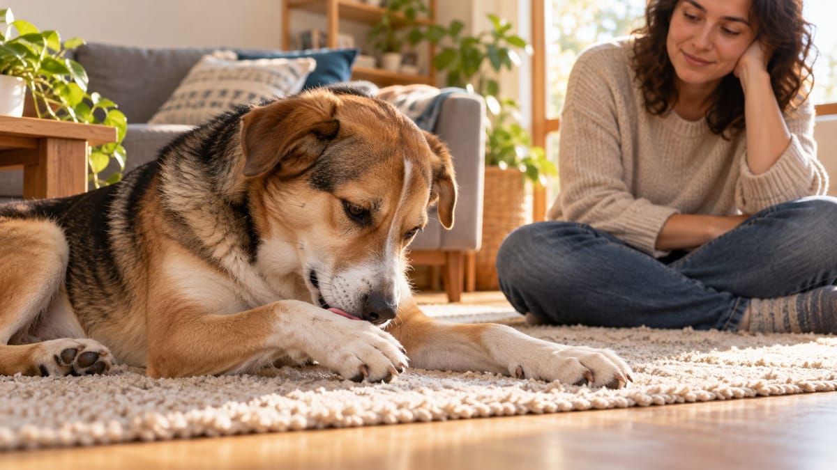 Cachorro deitado sobre um tapete com o focinho próximo à pata dianteira e uma pessoa ao lado.