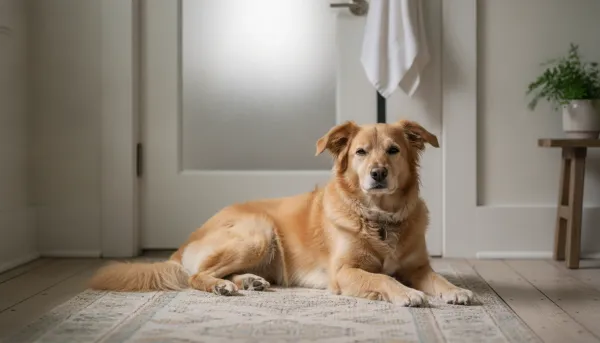 Cachorro deitado em frente à porta do banheiro dentro de uma casa, em uma cena doméstica natural.