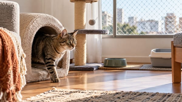 Gato tigrado explorando uma sala preparada com arranhador, comedouro e espaço de descanso.
