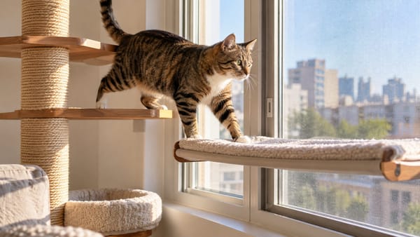 Gato caminhando sobre uma plataforma de arranhador ao lado de uma janela telada.