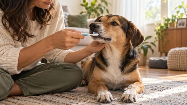Pessoa aproximando uma escova da boca de um cachorro sentado em ambiente doméstico.