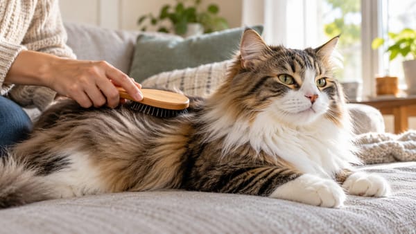 Pessoa passando uma escova no pelo comprido de um gato deitado no sofá.