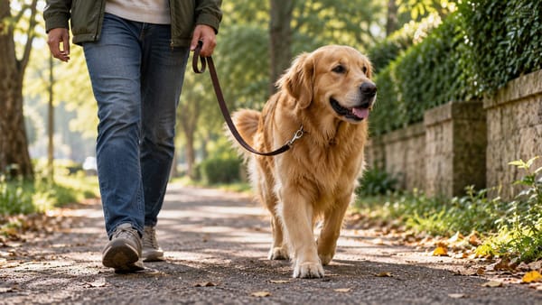 Golden Retriever de guia caminhando com uma pessoa por uma rua arborizada.
