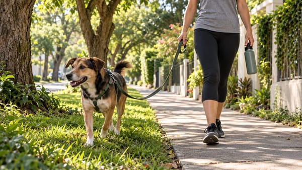 Pessoa passeando com um cachorro de guia em uma calçada arborizada.
